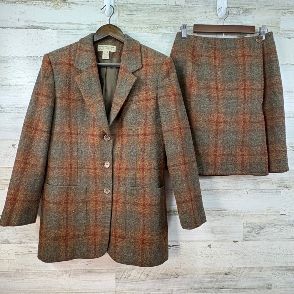Jones‎ New York Country Wool Plaid Tartan Skirt Suit Set Brown Rust Orange 8/10